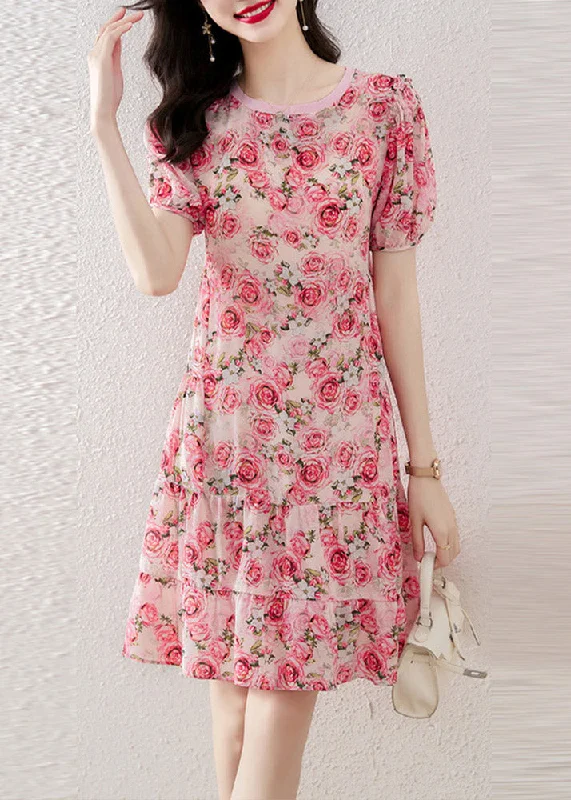 Italian O-Neck Print Wrinkled Silk Mid Dresses Short Sleeve Get The Latest Trends