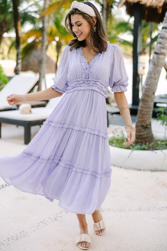 Living In A Dream Lavender Purple Ruffled Midi Dress Relaxed Style