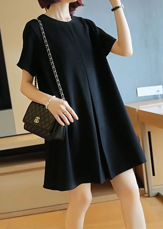 Black Cotton A Line Dress O-Neck Wrinkled Summer Fashion Forward