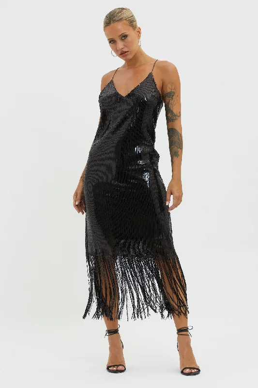 Halo Moon Sequin Fringe Midi Dress Black Latest Trends