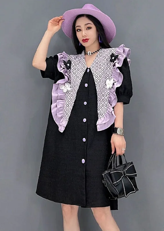 Stylish Black Peter Pan Collar Patchwork Ruffled Floral Cotton Dresses Short Sleeve Season Offer