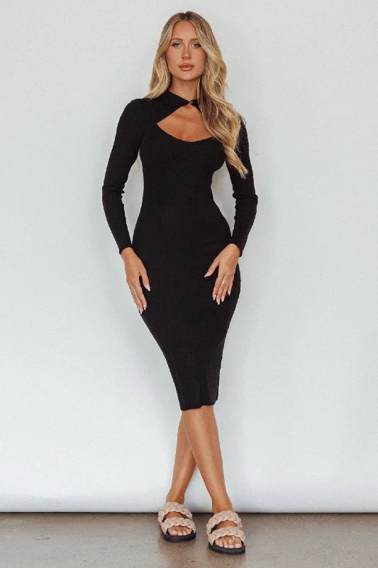 Home Run Long Sleeve Collared Midi Dress Black Classic Women's Fashion