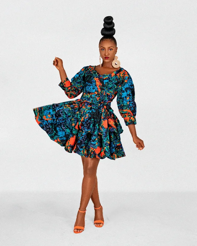 Peng Ankara Mini Dress | Blue Orange Multicoloured  Print Trendy Threads