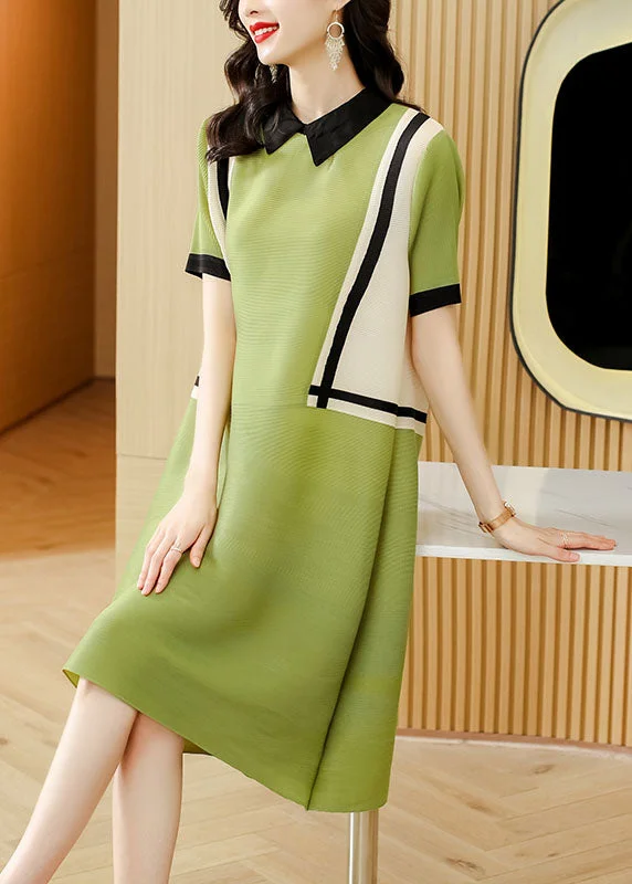 French Green Peter Pan Collar Patchwork 2024 Mid Dress Short Sleeve Alluring Design