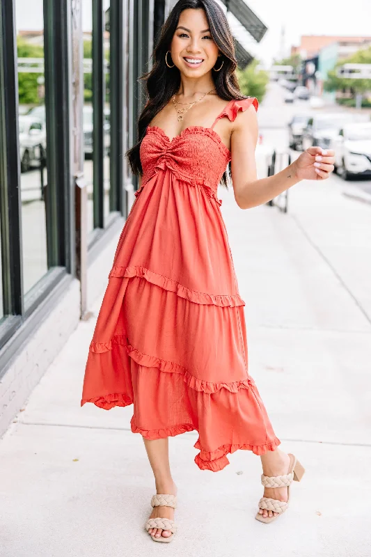 Brand New Days Rust Orange Ruffled Midi Dress Trendy Styles