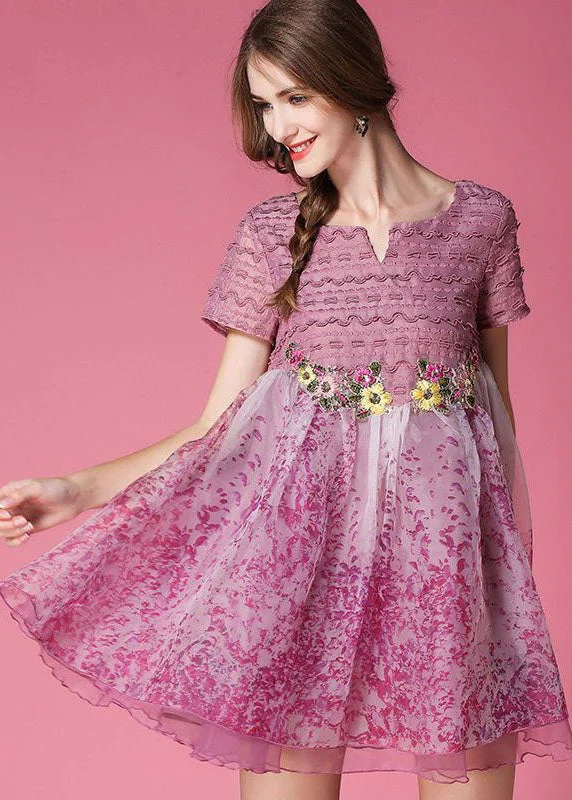 Classy Pink Embroideried Patchwork Wrinkled Organza Dress Short Sleeve Minimalist Office - Ready Style