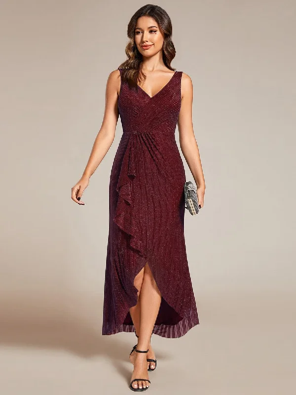 High-Low Ruffle Mermaid Wedding Guest Dress with V-Neck End Of Season Sale