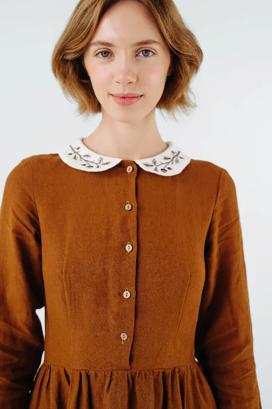 Classic Dress with Embroidered Hazelnut Collar, Long Sleeve Y2K Nostalgic Fashion Look