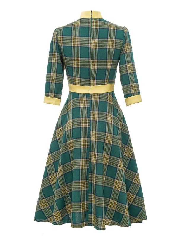 BerriesJam - 2024 Tonval Bow Neck Plaid 3/4 Length Sleeve Midi Dress Chic Styles