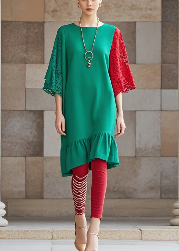 Bohemian Green Ruffles Patchwork Lace Dresses Fall Modern Romance