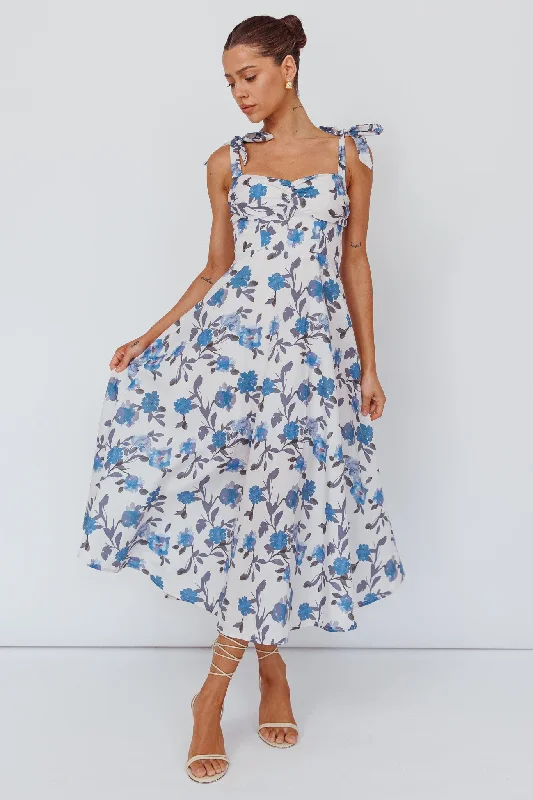 Sweet Pea Tied Bust Midi Dress Flower Blue Hot Styles