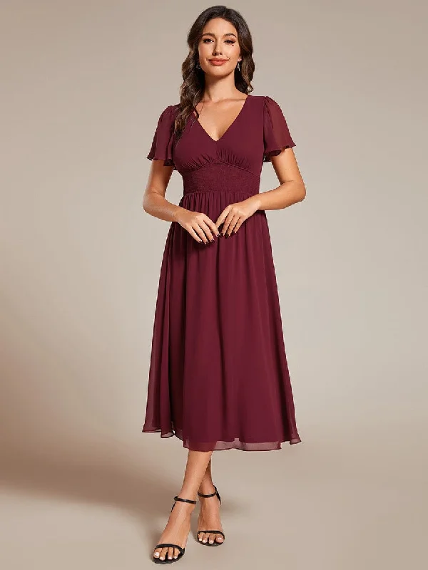 Elegant V-Neck Ruffle Sleeves Empire Waist Wedding Guest Dress in Chiffon Cottagecore Rustic Charm Style