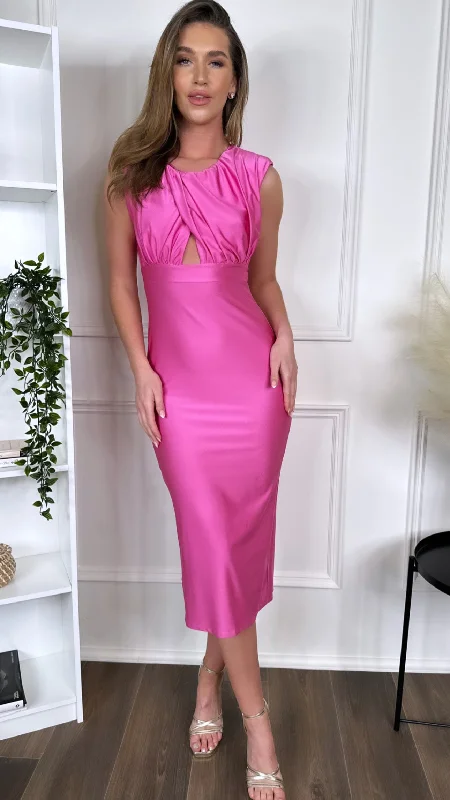 Starla Pink Ruched Cut Out Midi Dress Soft Textures