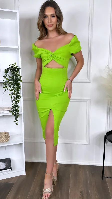 Marceline Green Bow Detail Cut Out Midi Dress Unbeatable Prices