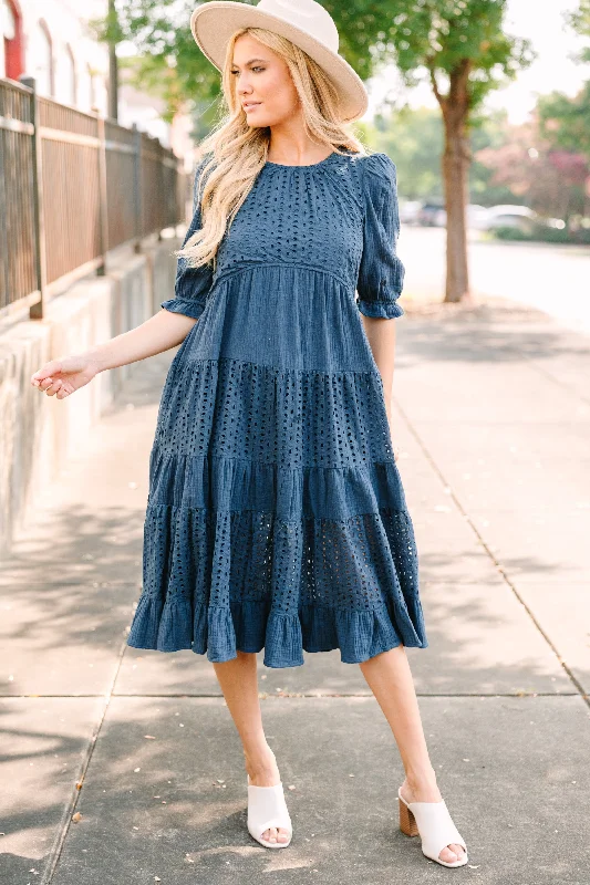 Making Moves Navy Blue Eyelet Midi Dress Feminine Soft - Hued Styles