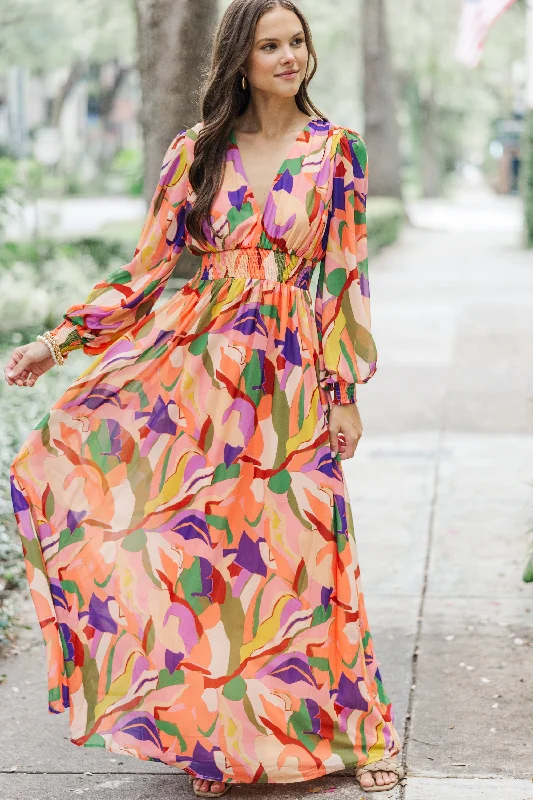 Palms Springs By Midnight Peach Pink Abstract Maxi Dress Limited Stock, Big Discounts