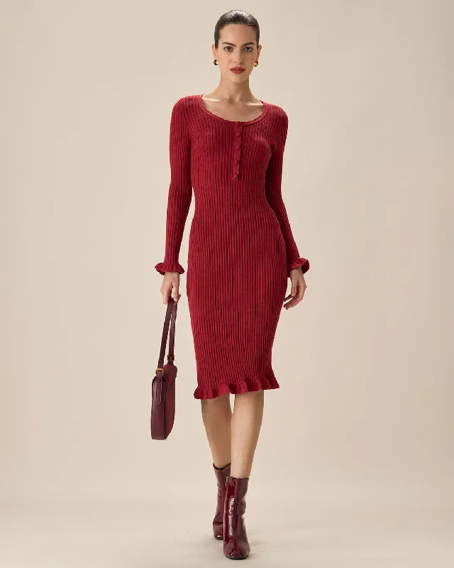 Red Bodycon Bell Sleeve Sweater Dress New In This Season