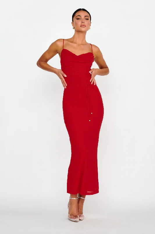 Teava Laced Waist Maxi Dress Red Trendy Styles