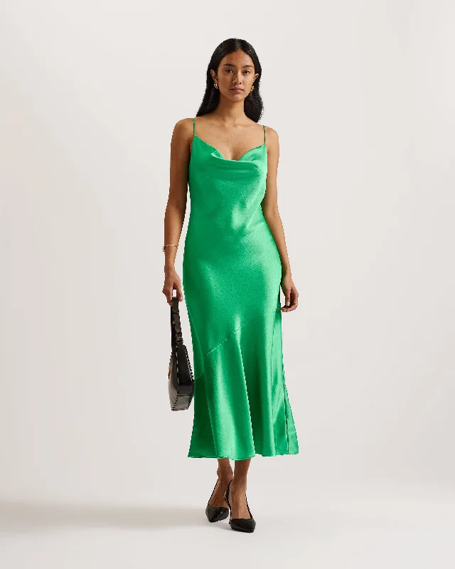 Tunca Satin Cowl Neck Evening Midi Dress Green Attire Sale