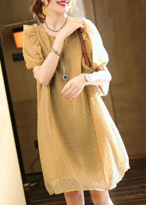 Classy Khaki O-Neck Ruffled Patchwork Chiffon Dresses Summer Cool Prices