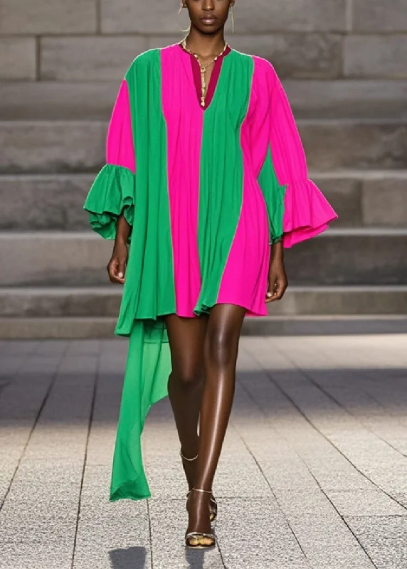 Fine Colorblock Asymmetrical Patchwork Cotton Mini Dresses Flare Sleeve Chic Style, Always In Vogue