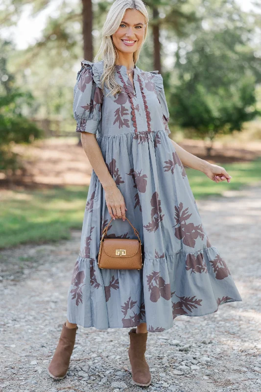 All In The Allure Slate Blue Floral Midi Dress Chic Outfits