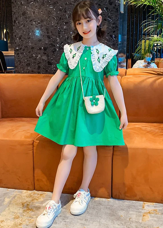 Green Peter Pan Collar Button Cotton Kids Mid Dresses Peter Pan Collar Summer Fashion Sale