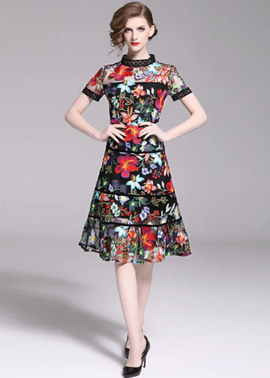 Slim Fit Floral Embroideried Patchwork Tulle Mid Dress Summer Flowing Silhouette