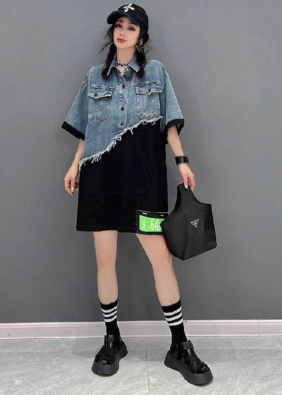 Diy Blue Peter Pan Collar asymmetrical Denim Patchwork Button Pockets Dress Short Sleeve Athleisure Wear Special Offer