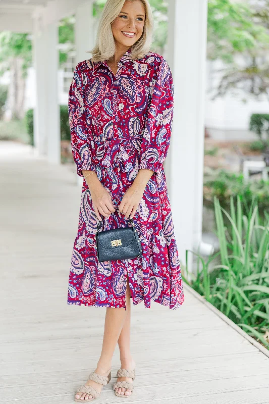 Just Having Fun Wine Red Paisley Midi Dress Trend Alert