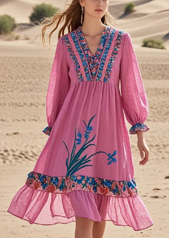 Chic Pink Ruffled Patchwork Cotton Tea Dress Spring Enjoy Discount