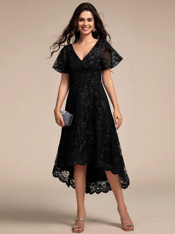 Bonnie | Embroidered Mesh Double V-Neck Short Sleeves Midi Wedding Guest Dress Formal Outfit