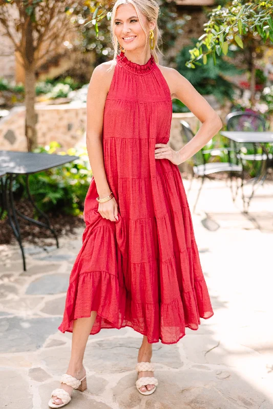 Come To Me Ruby Red Tiered Midi Dress Exclusive Sale