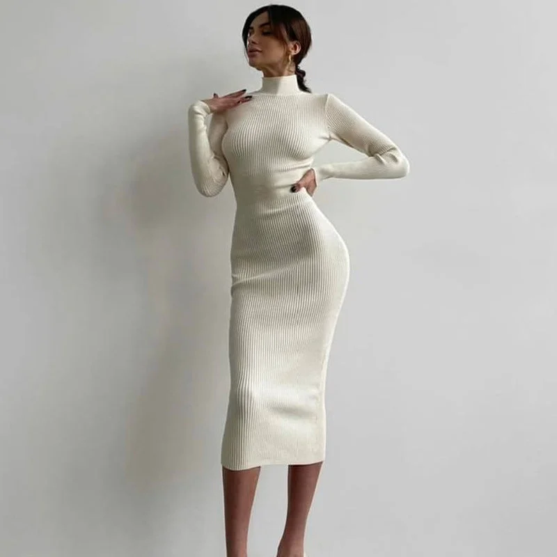 Emma Long Sleeve High Neck Knitted Midi Dress Playful Elegance