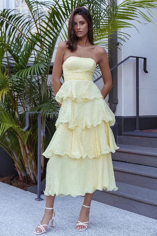 Giavana Strapless Layered Ruffles Midi Dress Lemon Elegant Attire