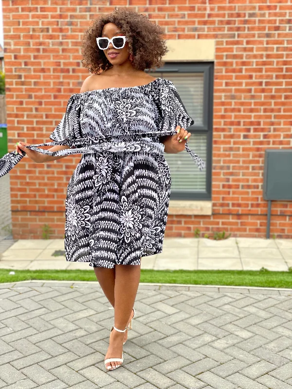 Bertha Ankara Off shoulder Midi Dress | Black and White African Print Limited Stock, Big Sale