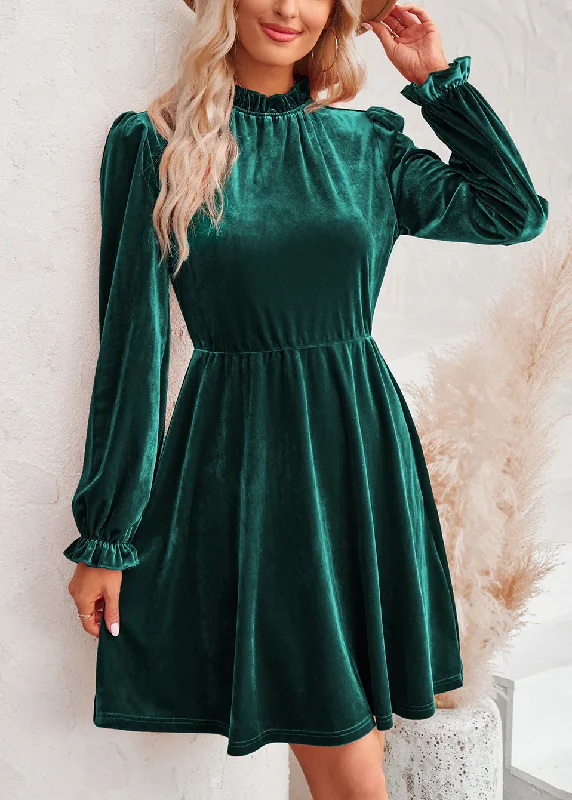 Chic Blackish Green Ruffled Patchwork Velvet Mid Dress Fall Trendy Street Style