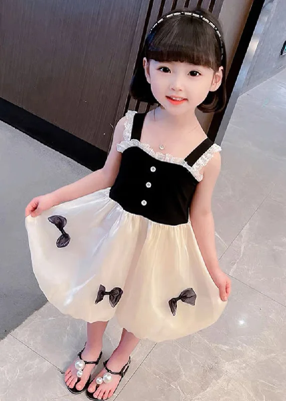 Boutique Black Square Collar Lace Patchwork Bow Silk Girls Vacation Slip Mid Dress Summer Exclusive Sale