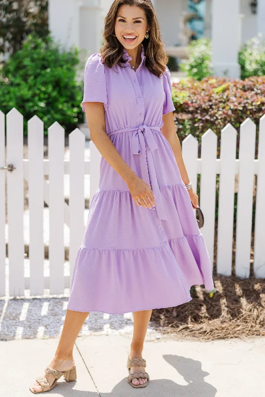 Tell It All Lavender Purple Button Down Midi Dress Luxe Layering