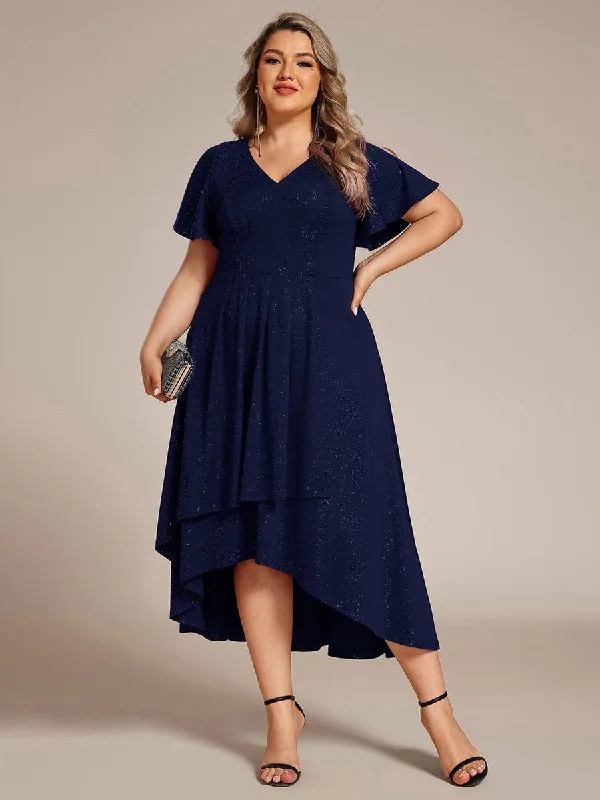 Glow Lana | Plus Size  Ruffled Sleeves Glitery V-Neck Midi Wedding Guest Dress Fashionista Favorites