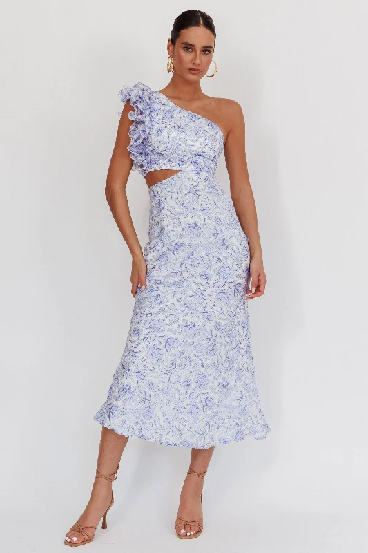 Deanna One-Shoulder Ruffle Midi Dress Floral Blue Versatile Wardrobe Essentials