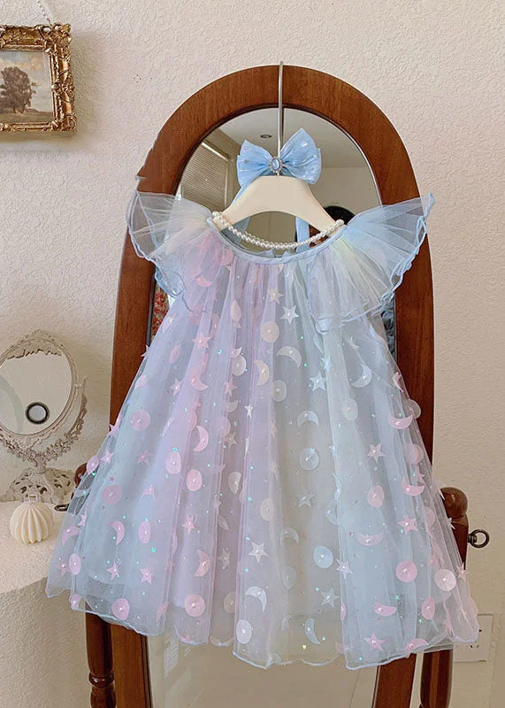 Cute Gradient Blue Sequins Wrinkled Patchwork Tulle Baby Girls Dress Summer Eclectic Style Wardrobe