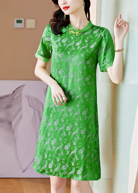 Handmade Green O-Neck Print Button Silk Mid Dress Short Sleeve Seasonal Picks