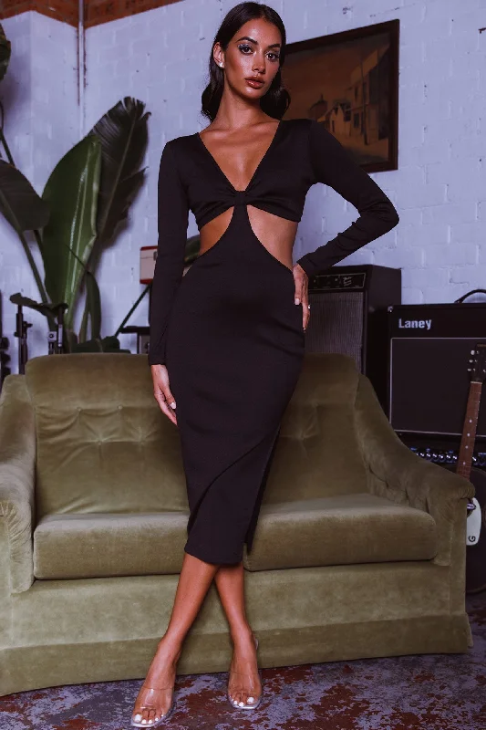 Acapulco Long Sleeve Cut-Out Waist Side Split Midi Dress Black Fashion Forward