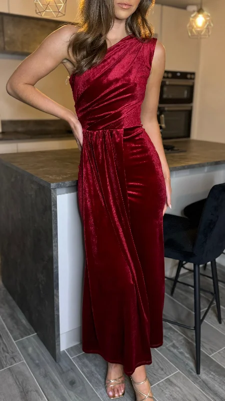 Isabella Dark Red One Shoulder Velvet Finish Midi Dress Limited Time Offer