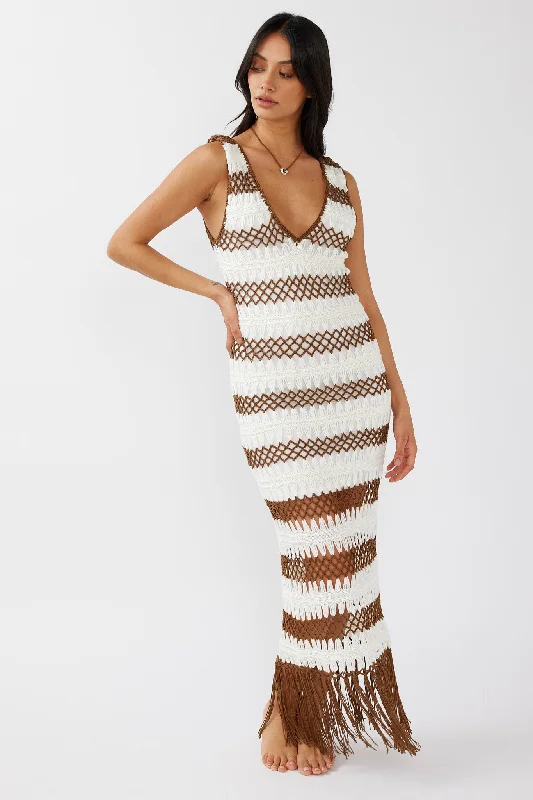 Ximena Tassel Hem Crochet Midi Dress White/Mocha Quality Wear