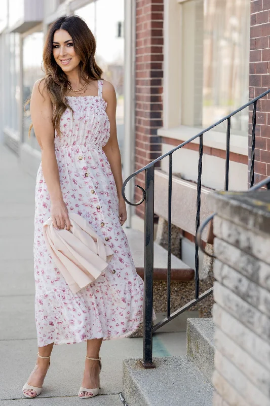 Painted Blossoms Button Accented Midi Dress Sophisticated Fashion