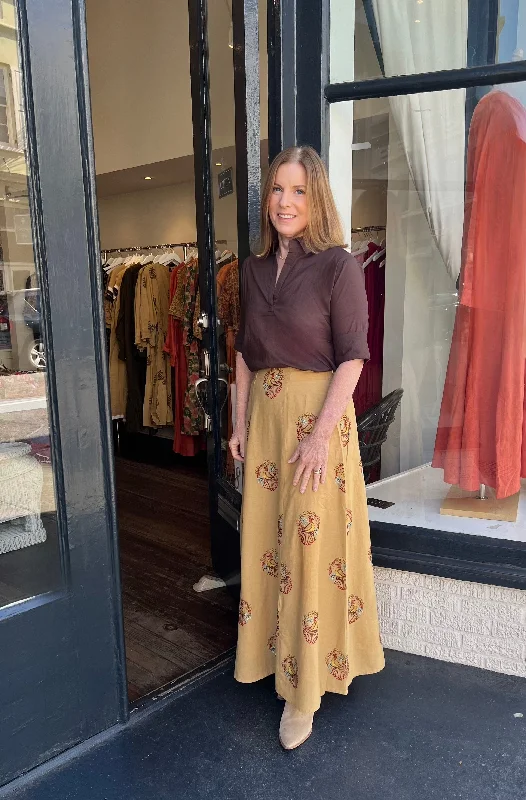 Hanley Midi Skirt Caramel Peacock Embroidered Early Access To Art Deco Styles Sale