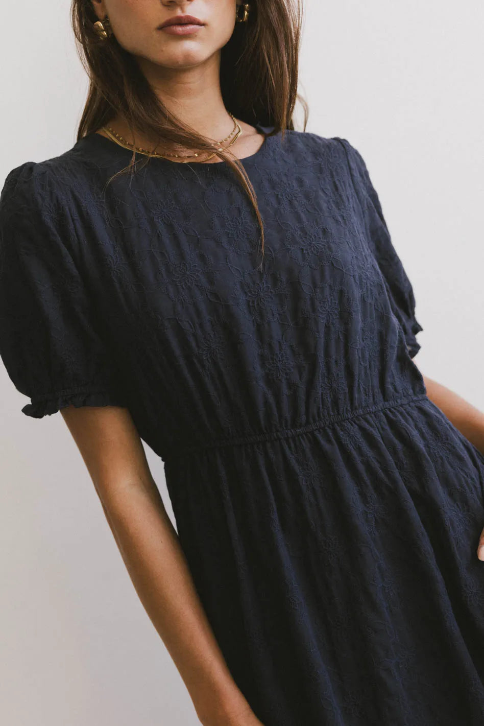 Cecy Embroidered Midi Dress in Navy Stylish Basics