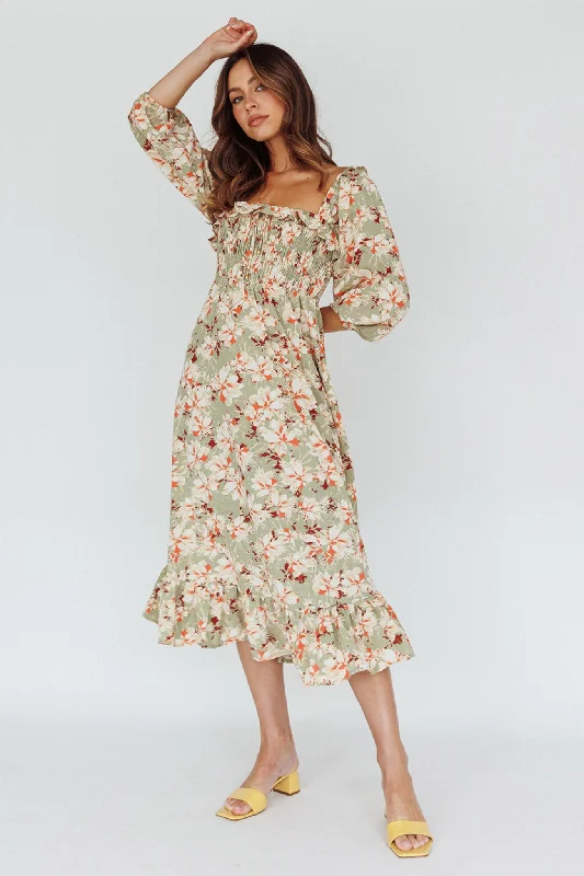 Flynn Balloon Sleeve Shirred Midi Dress Floral Green Best Sellers